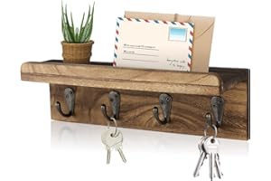HRONRAD Rustic Key Holder for Wall, Farmhouse Wall Shelf with 4 Hooks, Wall Mounted Key Racks, Wooden Mail Organizer with Hooks for Entryway (Brown)