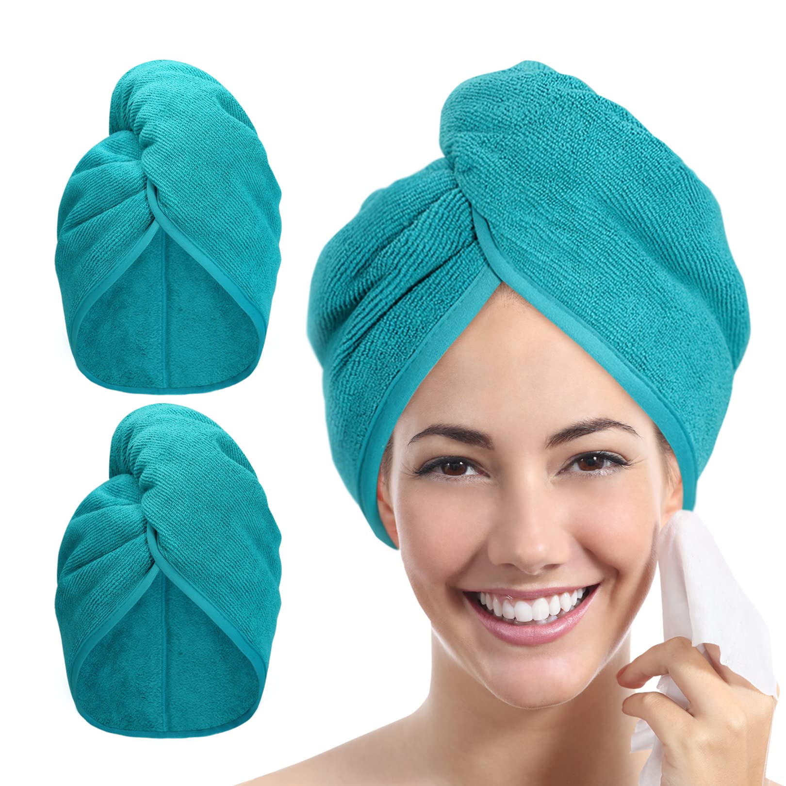 YoulerTex Microfibre Hair Towel Wrap: 2Pack Hair Turban Super Absorbent Rapid Drying Microfiber Towel for Women Curly Long Wet Plopping Hair Girls Head Towelling Large Anti-Frizz (Aqua Green)