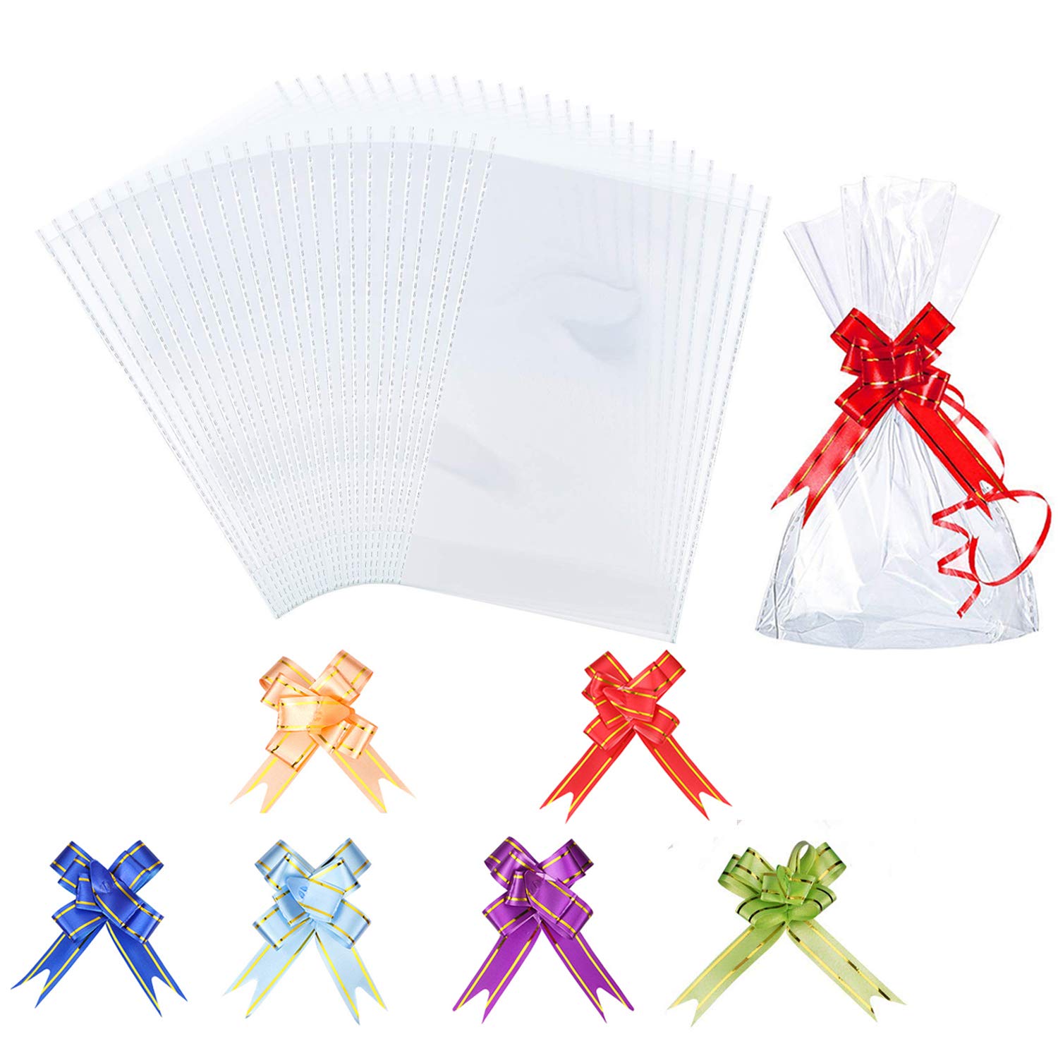 AUERVO 60PCS Clear Resealable Flat Cello Bags - OPP Plastic Cellophane Storage Bags for Sweet/Party/Gift/Home with Mix Colors Pull Bows