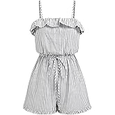 CIDER Womens Casual Rompers Sleeveless Ruffle Drawstring Striped Overall Shorts