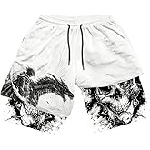 GORGLITTER Men's Graphic Anime Gym Shorts Y2K 2 in 1 Basketball Athletic Workout Drawstring Drippy Shorts
