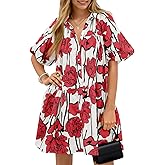 Wenrine Women's Summer Button Down Shirt Dress Floral Puff Short Sleeve Casual Loose Fit Beach Mini Dresses