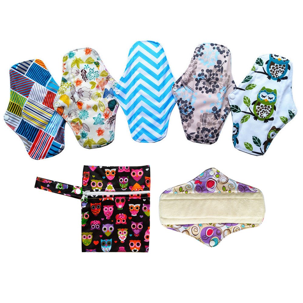 6PCS 10 Inch Bamboo Menstrual Pads Reusable Washable +1 Wet Bag (M10-6-01)