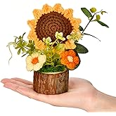 Andvon Cute Crochet Flowers Bouquet, Handmade Knitted Sunflowers with Wooden Pot, Crocheted Flower Plants Gifts for Women Office Desk Decor, Valentine's Day Christmas Birthday Mother’s Day