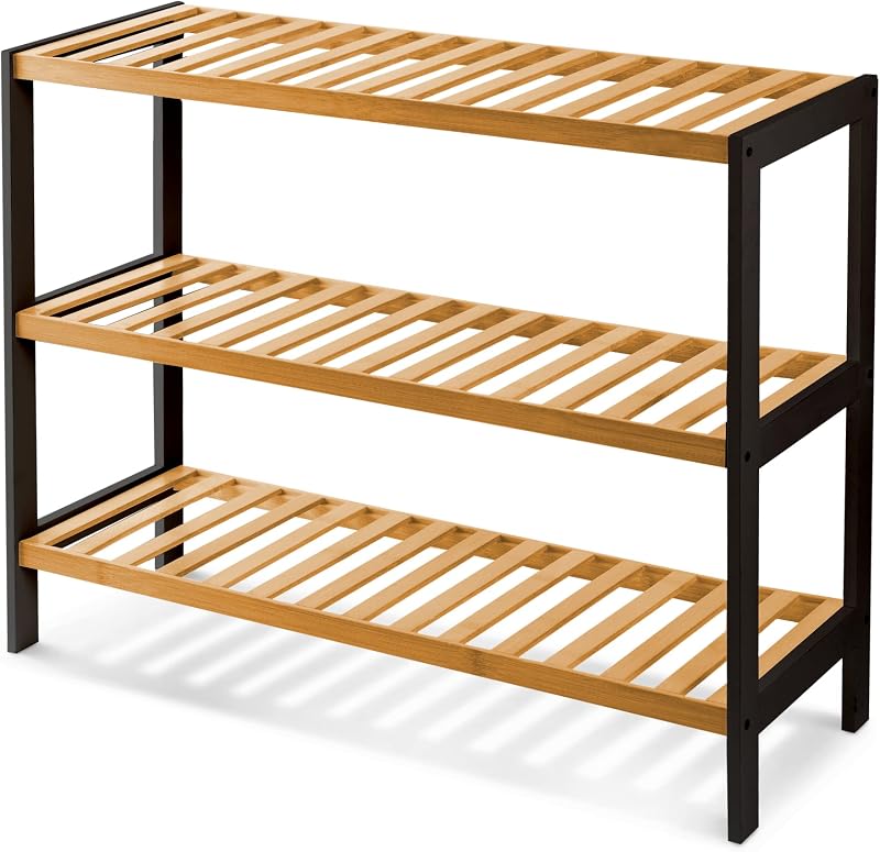 KEPLIN Natural Bamboo Shoe Rack 3 Tier 9 Pairs 70x55x25cm Black/Natural