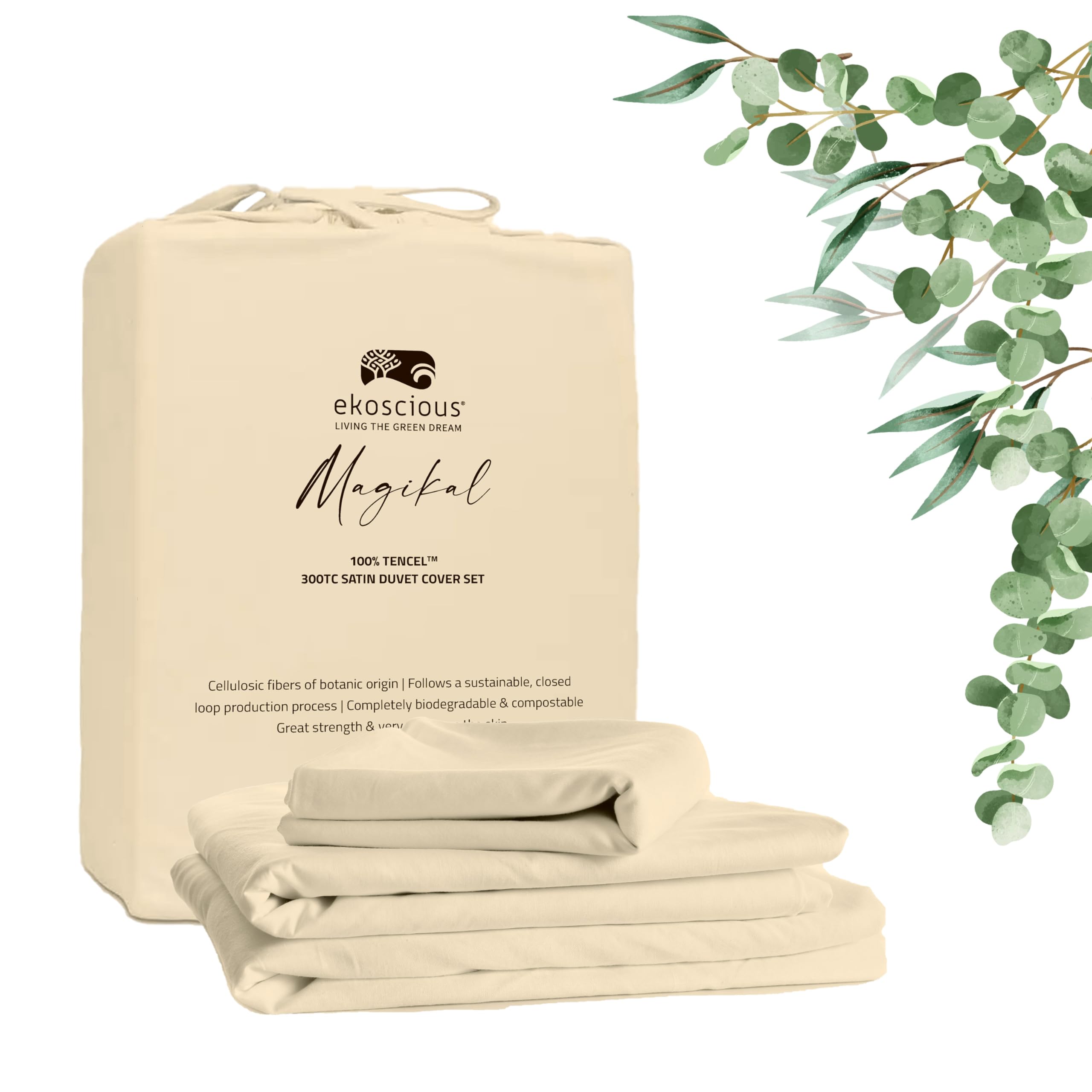 EKOSCIOUS 100% Tencel Lyocell Eucalyptus Sateen Solid, Super King Size Duvet Cover Set, with 2 Pillowcase, Ivory - 300 Thread Count Breathable, Cool & Soft