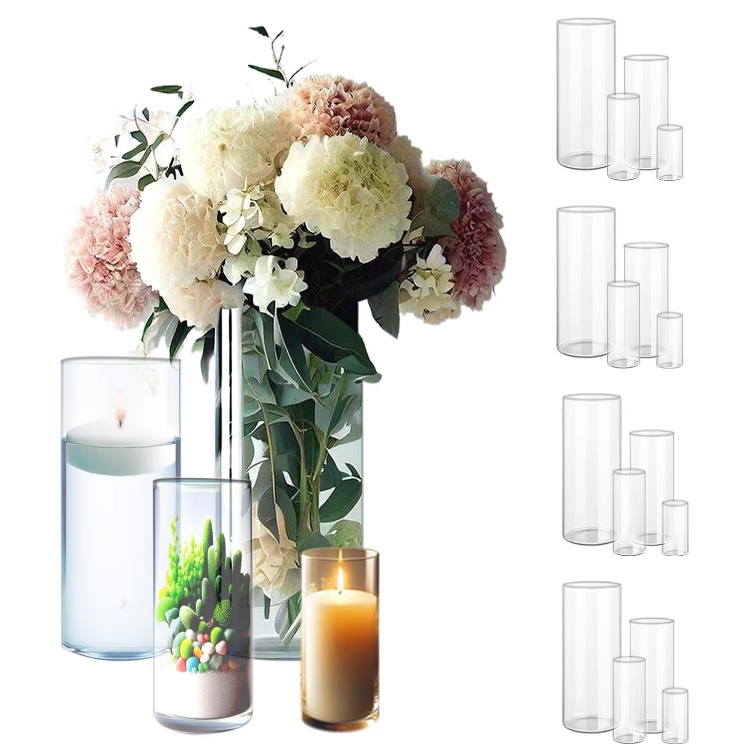 Photo 1 of 16 Pack Clear Glass Cylinder Vases for Centerpieces - Different Sizes Floating Candle Vases Holder -4", 6", 8",10" Hight Perfect for Weddings and Events