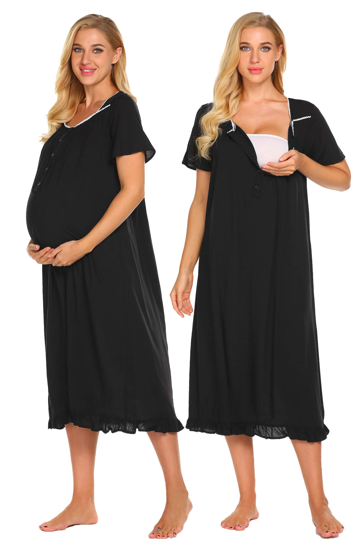 Ekouaer Women\'s Nightgowns Vintage Style Short Sleeve Sleepwear,Black,Medium