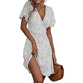ETCYY NEW Womens Summer Dresses Slant Open V Neck Floral Printed Sundresses Flowy Dress Short Sleeve