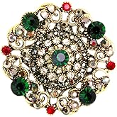 Antique Round Rhinestone Brooch Pin for Women Girls Vintage Baroque Red Green Crystal Boho Style Brooches Lapel Pins Elegant Dress Accessories Christmas Wedding Festival Ornament Jewelry Gift