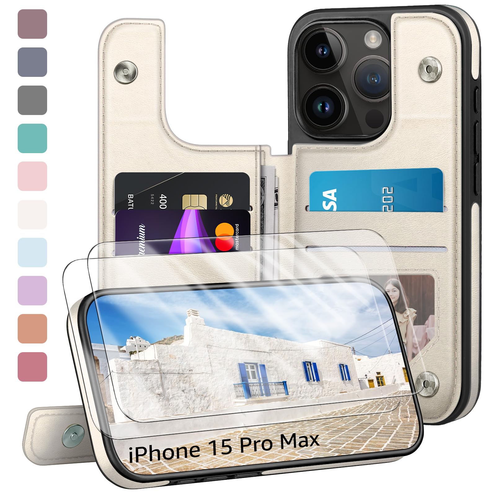 Photo 1 of Designed for iPhone 15 Pro Max Case Wallet,Card Holder Case with[2 Screen Protectors][Magnetic Clasp Cover][RFID Blocking Leather] Shockproof Women Men Cases 6.7" for Apple 15 ProMax Creamy-White