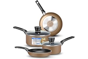 SereneLife 6-Piece Pots & Pans Set – Non-Stick Cookware Set with 2 Sauce Pots & Lids, 8″ & 10″ Frying Pans, Gold