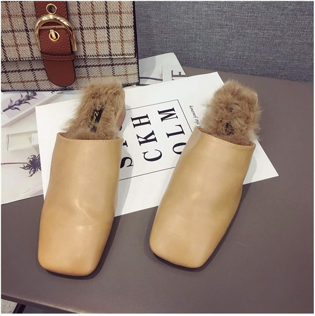 OMFGOD Ladies Fashion Slippers Comfort Artificial Fur Leather Rubber Square Heel Leisure Muller Shoes