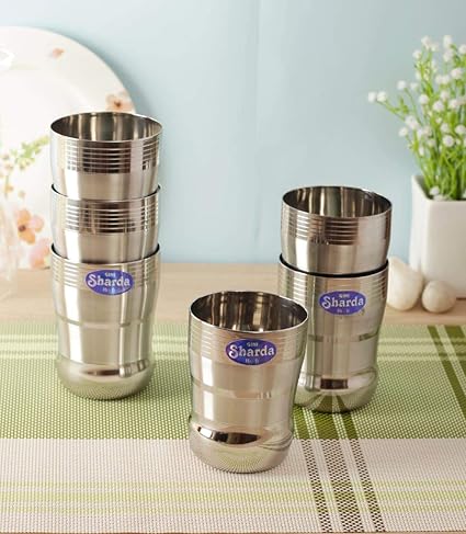 Sharda Metals Stainless Steel Water Juice Glasses Set, 400 ml, Silver, Pack of 6