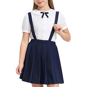 LOLANTA Girls Pleated Skirt Kids Suspender Uniform Skort Elastic Formal Overall Dress with Removable Straps for 7-13 Years