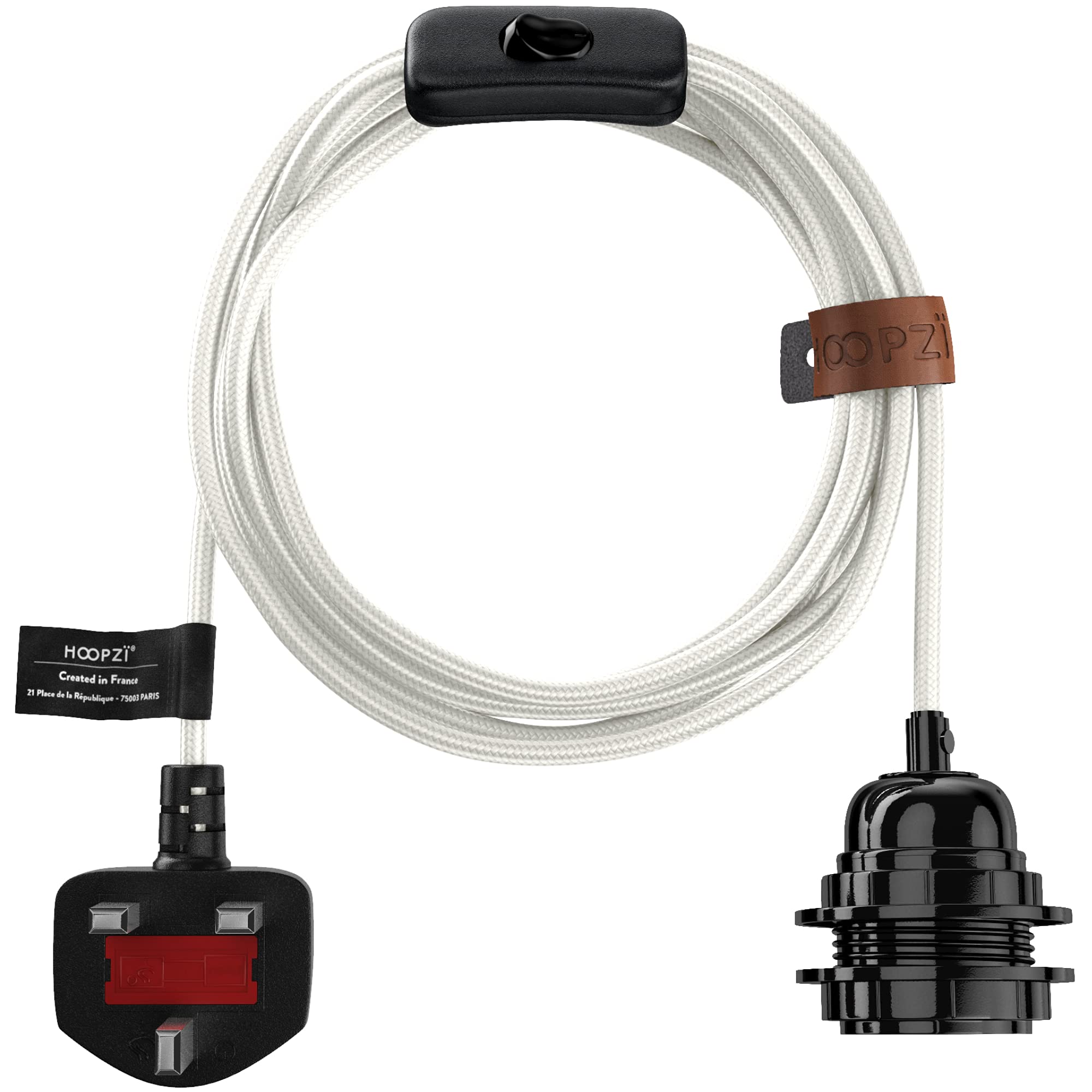 Hoopzi - Plug in Pendant Light to Light Up Your Home - 4.5M Fabric Electrical Cable - E27 Bulb Holder with Switch - Create Your Own Pendant Light, Portable Lamp, Hanging Lamp - BalaWhite Shine