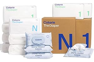 Coterie Baby Wipes + Diapers Kit, Size 1 (198 Count) & Size Newborn Diapers (93 Count), 4 Pack (224) Wipes with 99% Water, Plant Based Materials, Hypoallergenic for Sensitive Skin, Baby Essentials