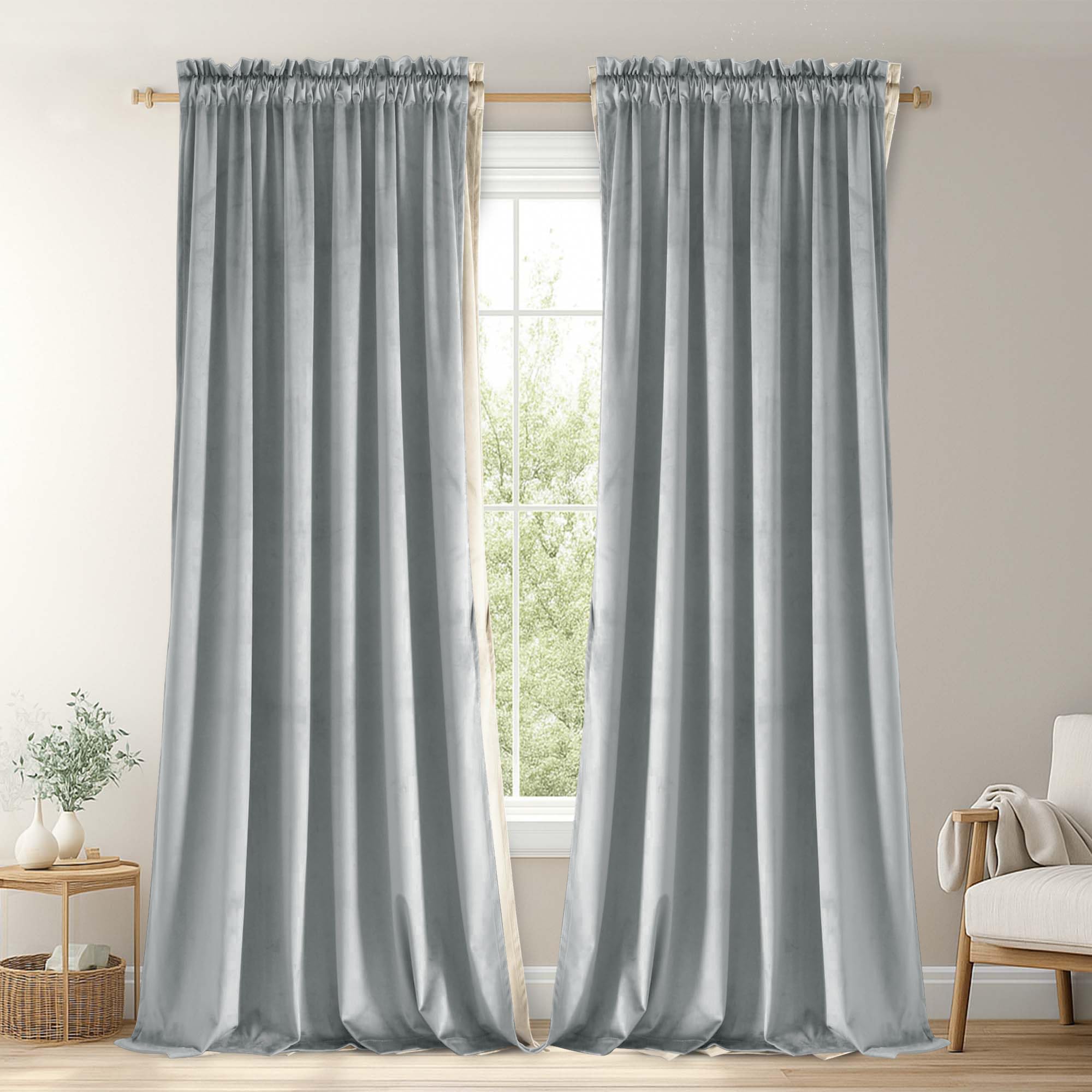 JIUZHEN Silver Grey Velvet Curtains 108 Inch Long Rod Pocket Blackout Thermal Insulated Cortinas Soundproof Curtains for Sliding Glass Doors, Bedroom Curtains 2 Panel Sets, 52W x 108L Image