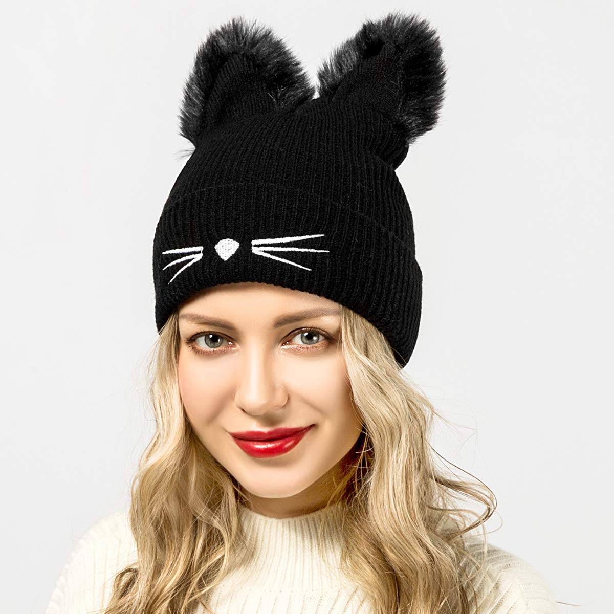EVRFELAN Black Cat Ears Hats Embroidered Warm Knit Crochet Beanies Wool Cute Fashion Skull Cap for Women Girls in Fall Winter