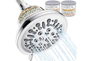 Ryamen Shower Head with Filter, Filtered Shower Head for Hard Water, 5.5" High Pressure Rainfall Fixed Showerhead with 6 Spray Settings, Water Softener Remove Chlorine, Filter Cartridge-2 Pack, Silver