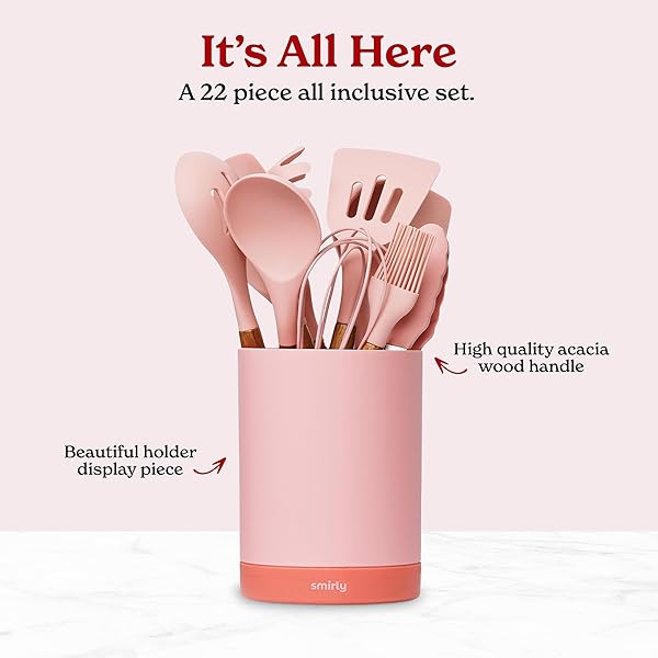 SILICONE KITCHEN UTENSILS SET & HOLDER: COOKING UTENSILS SET – KITCHEN ESSENTIALS FOR NEW HOME & 1ST APARTMENT- SILICONE SPATULA SET, COOKING SPOONS FOR NONSTICK COOKWARE (ACACIA WOOD, PINK)