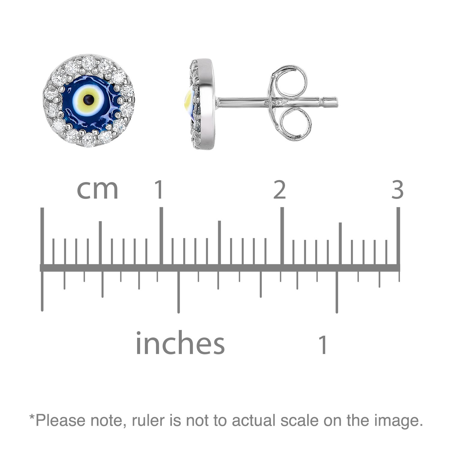 Rhodium-Plated Sterling Silver Cubic Zirconia with Resin Mini Round Shape Evil Eye Stud Earrings