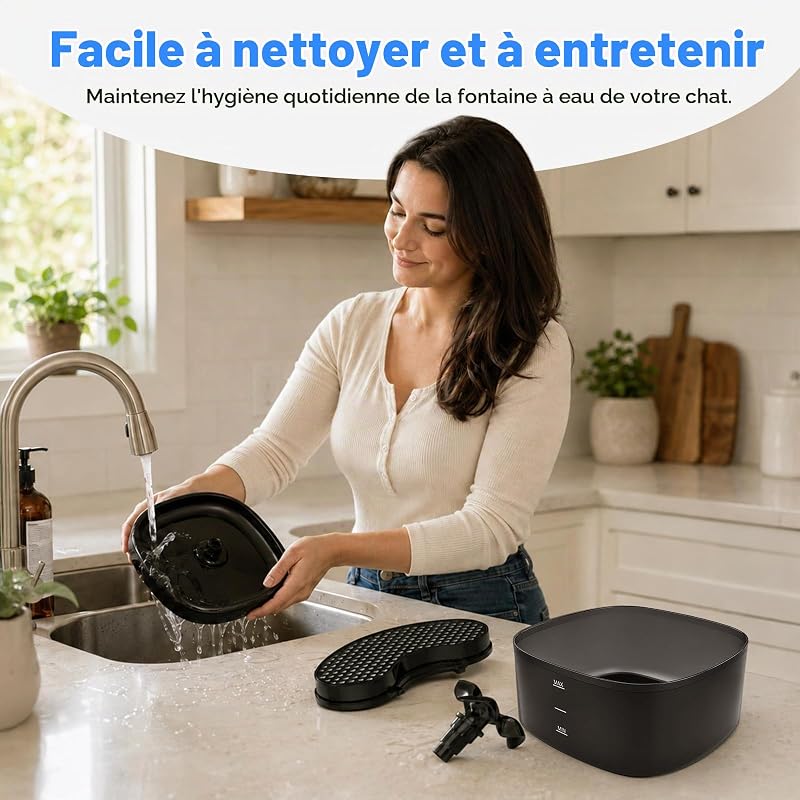 Fontaine à Eau pour Chats et Chiens, 2,2L Distributeur Automatique avec Indicateur LED, Pompe Ultra-Silencieuse, Système Triple Filtration, Abreuvoir sans BPA pour Animaux, Noir — photo 8 sur 8