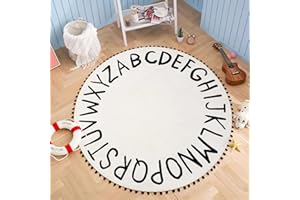 STARUIA ABC Kids Rug for Nursery, 59"x59" Non-Slip Round Rug for Classroom, Large Washable Rugs with Pom Poms Fringe, Circle Toddler Rug Soft Learning Carpet for Playroom Dorm Bedroom