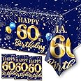 GREHUMOR 60th Birthday Decorations Men-3pcs Navy Blue 60th Birthday Table Covers Rectangle Waterproof Plastic Gold Blue Birthday Tablecloth for Men 60th Birthday Party Supplies