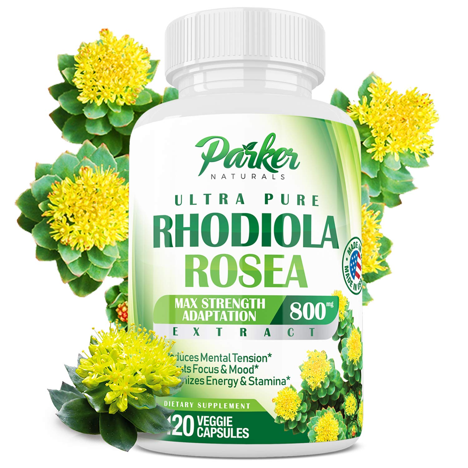 Rhodiola Rosea Maximum Strength 800mg, 120 Veggie Capsules with Rosavins & Salidroside. Reduces Stress, Tension, Anxiety. Improves Focus & Mood. Greater Energy & Stamina. Made in USA