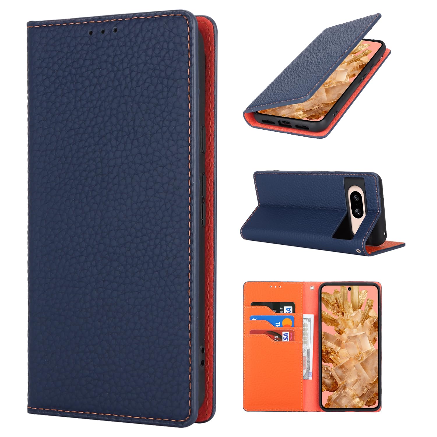 Cavor Phone Case compatible with Google Pixel 8,Flip Genuine Leather Wallet Case,[3 Card Holders][Magnetic][RFID-Blocking][Mit Lanyard],Protective Case Cover - Dark Blue