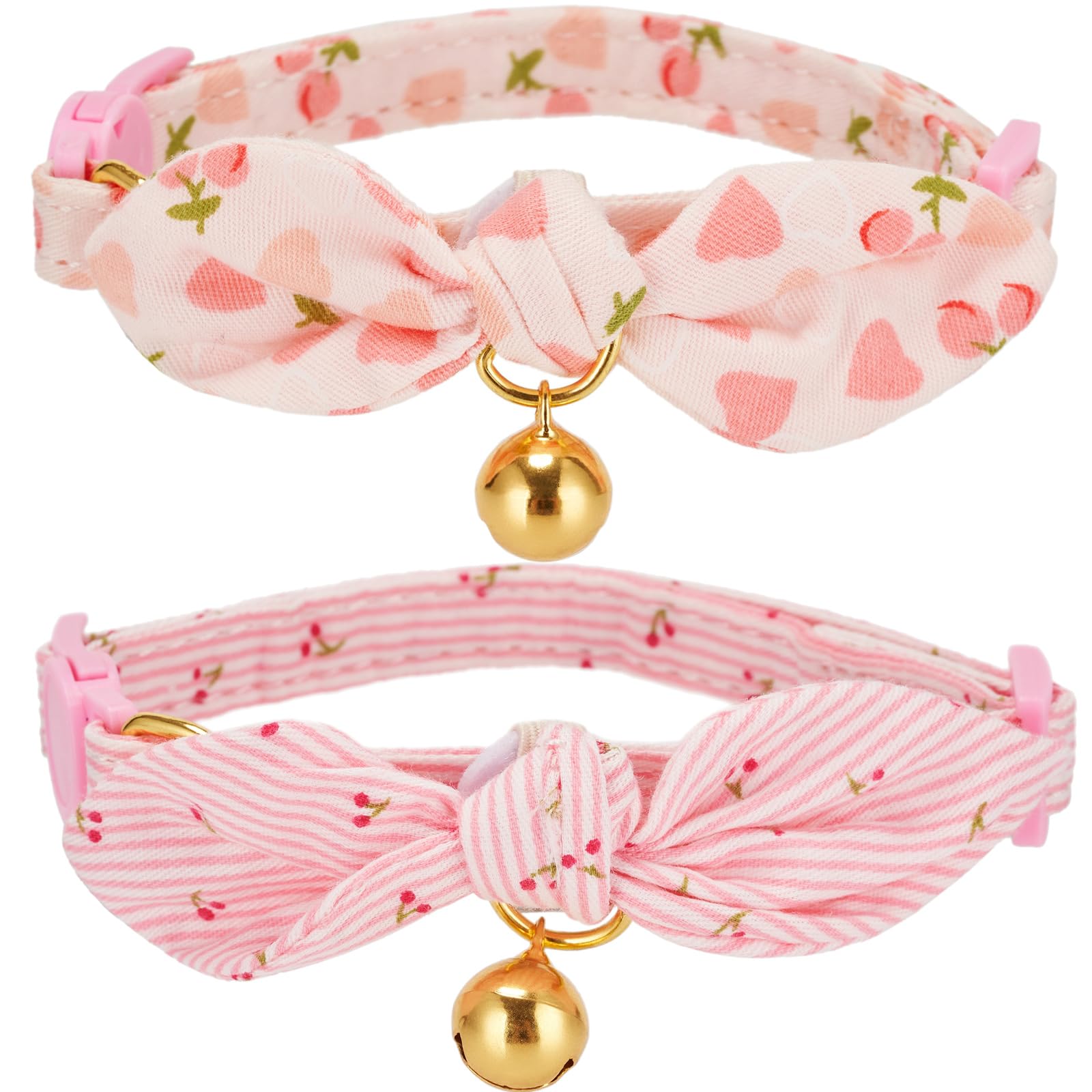 YUDOTE Soft Cotton Cat Collar with Removeable Hand-tied Bowtie,Pack of 2 Kitten Collars with Quick Release Buckle and Bell for Female Cats Dressing up, Pink Cherry — image 1