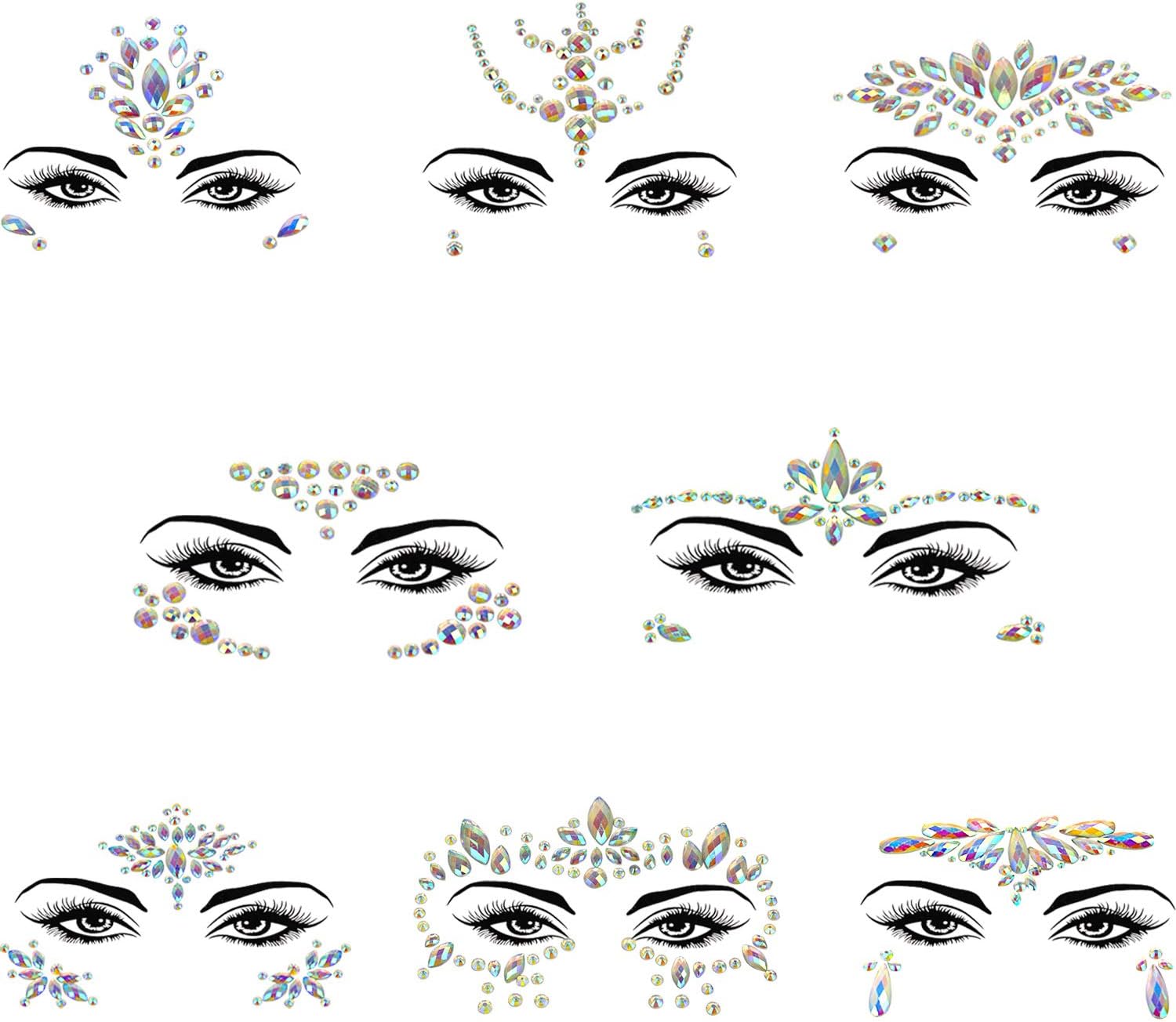 Noctilucent Face Gems Mermaid Face Jewels Festival Luminous Body Jewels Glow In The Dark Rhinestones Rave Eyes Bindi Temporary Face Stickers for Festival Party (8 Sets Collection)