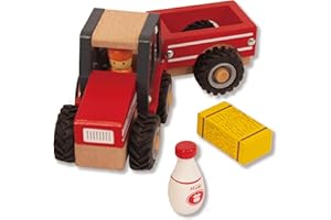 WoodenEdu Wooden Tractor Toys for Toddlers 1-3, Baby Vehicle Toys Hand Push Car Toys for 1 2 3 Year Old Boys Girls (Red)