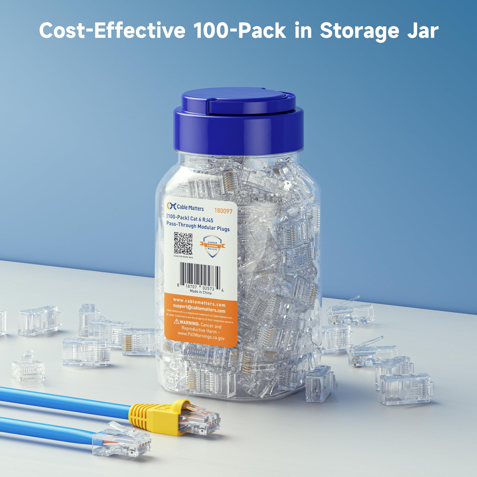 Cable Matters 100-Pack Cat 6 Pass Through RJ45 Connectors, 50µ Gold Plated (Cat 6 Ends / Cat6 Connector /RJ45 Modular Plugs/Ethernet Plugs/Network Connector) for Solid or Stranded UTP Ethernet Cable