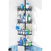 HAMITOR Corner Shower Caddy Tension Pole, Adjustable No-Drill Widen Shelves | 47-123 In Rod, Large Capacity Bathroom Organizer, Floor to Ceiling, Space-Saving Toiletries Storage for Family Renters, Black