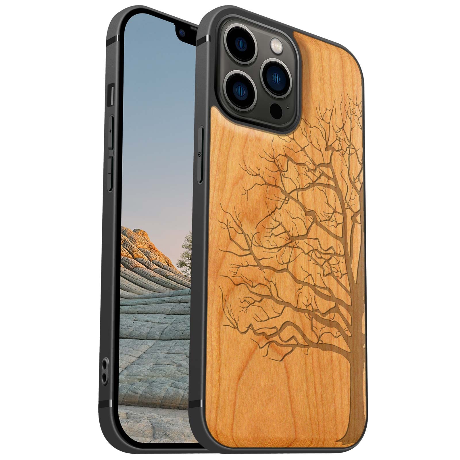 Carveit Magnetic Wood Case for iPhone 13 Pro Max - Hard Real Wood & Soft TPU - Shockproof Hybrid Protective Cover - Unique & Classy Wooden Case - Compatible with MagSafe (Eternal Tree-Cherry)