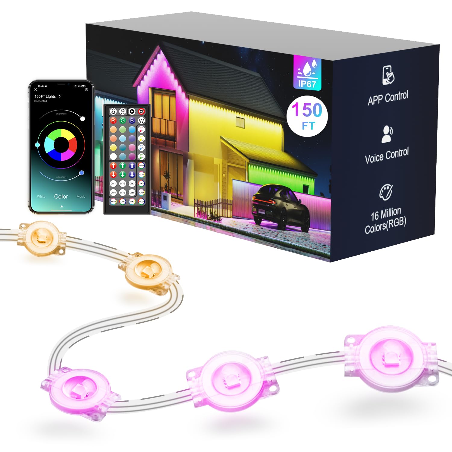 Photo 1 of Fussion Permanent Outdoor Lights for House, 150ft RGB Halloween House Lights Outdoor with APP Remote Control, IP67 Waterproof Smart Eternity Eaves Lighting for Christmas, Holiday, Party, Daily