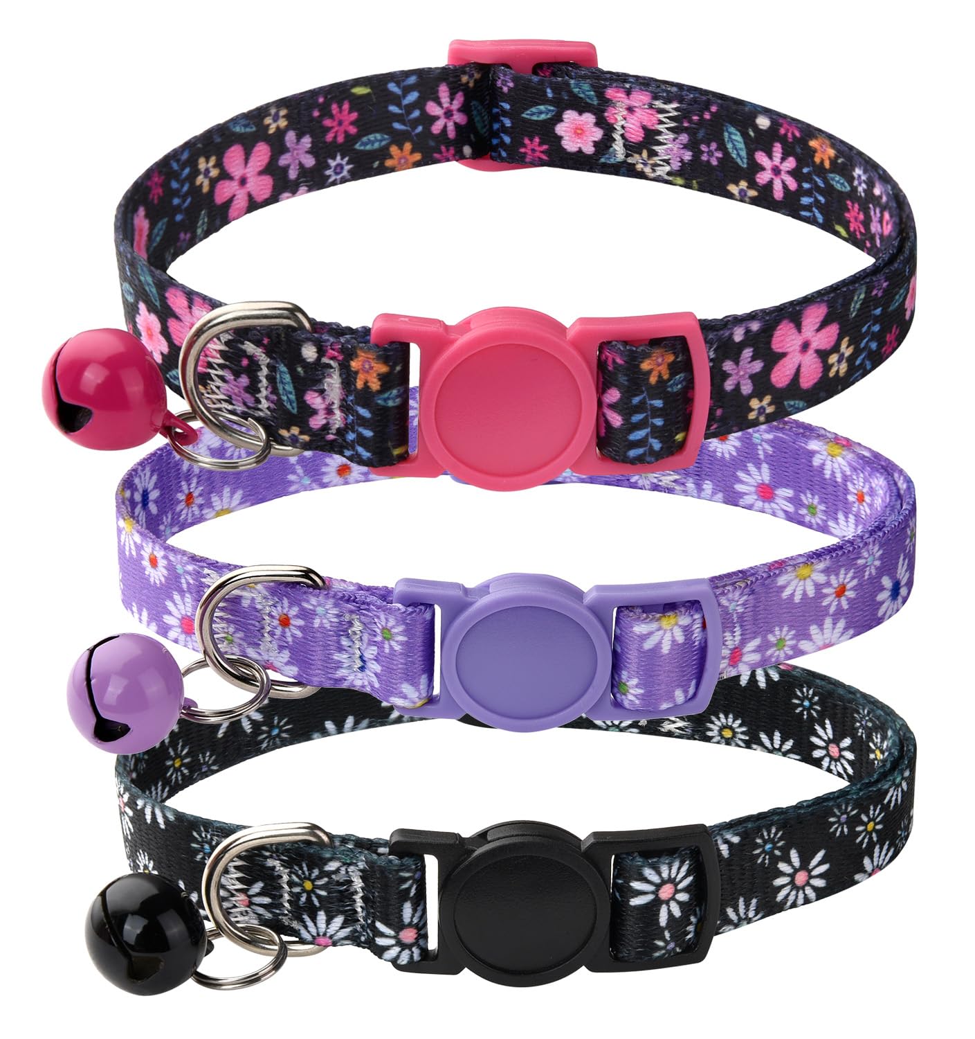 MarukoPet Cat Collar Breakaway with Bells, 3 Pack Girl Boy Pet Cat Collar with Bohemia Floral Tribal Geometric Patterns, Adjustable 7.5-12 Inch, with Safety Buckle for Kitten Cat(Set D)