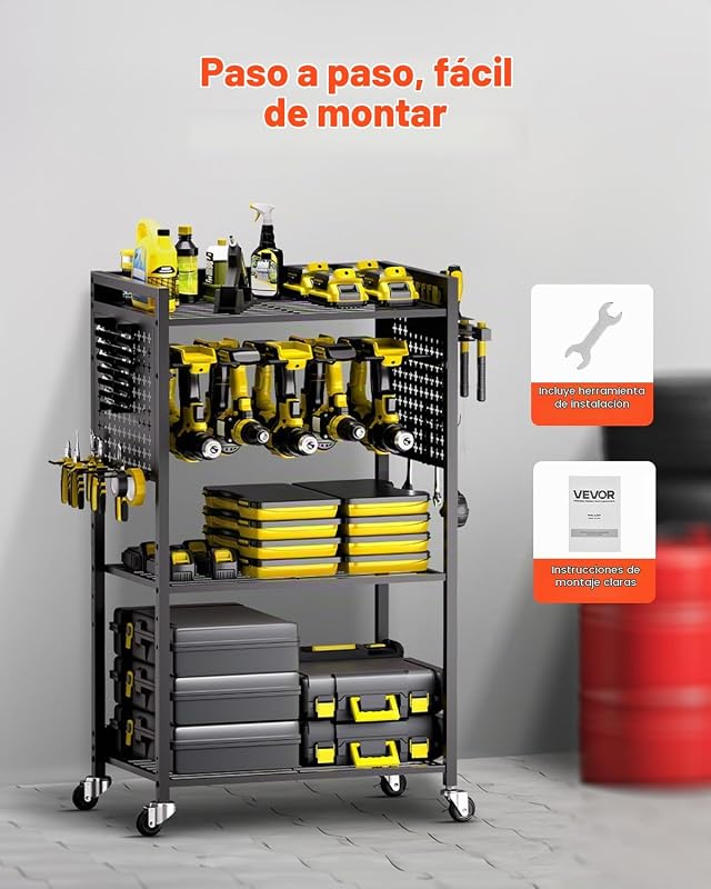 Carrinho organizador de ferramentas de 4 níveis, carga de 68 kg, suporte para broca com rodas e prateleira de armazenamento estável, carrinho robusto para garagem, preto