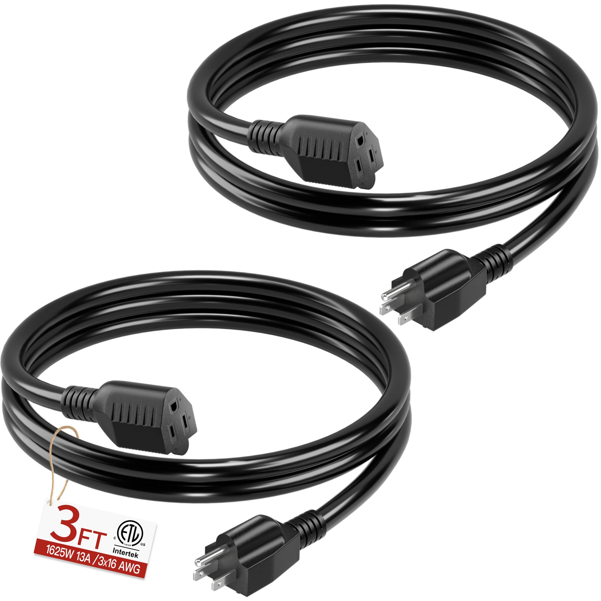 Photo 1 of 16/3 Short Extension Cord 3 FT 2 Pack, Black Extension Cord Flexible & Durable, Indoor 3 Prong Power Cable, Suitable for Home and Office, 13 Amp 1625 Watt 125VAC 16AWG, ETL Listed