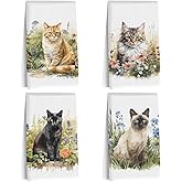 4 Pcs Watercolor Cat Kitchen Towels, Pastoral Flower Decorative Absorbent Microfiber Dish Cloth Tea Towel, Waffle Soft Hand Towels for Farmhouse Home Bathroom Decor, Cat Lover Gifts for Women Friend