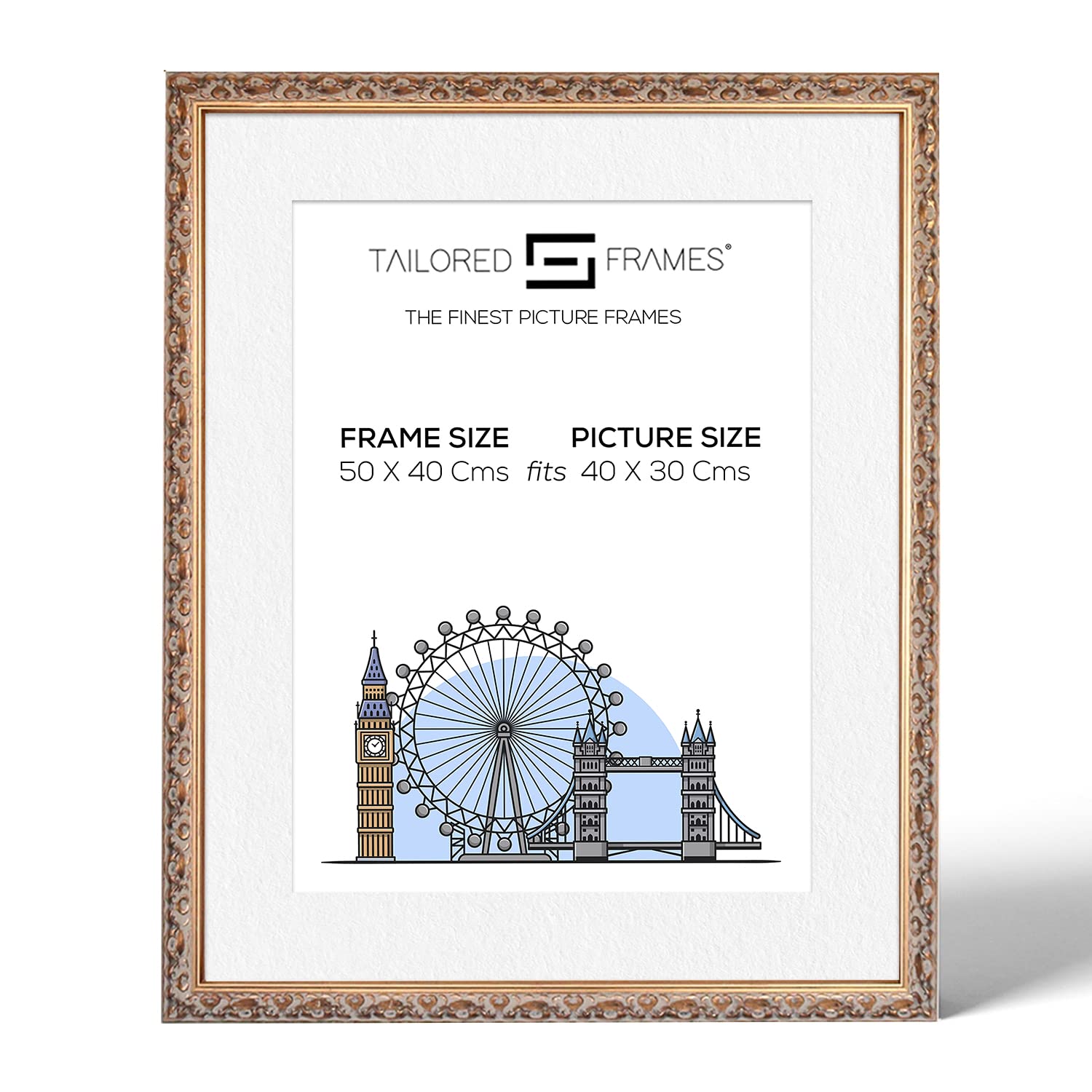 Tailored Frames Vienna Gold 50 x 40 Cm Frame for 40 x 30 Cm Picture | Rustic Style Vintage Single Picture Frame | Wall Hanging Type | Photo Frame with White Mount