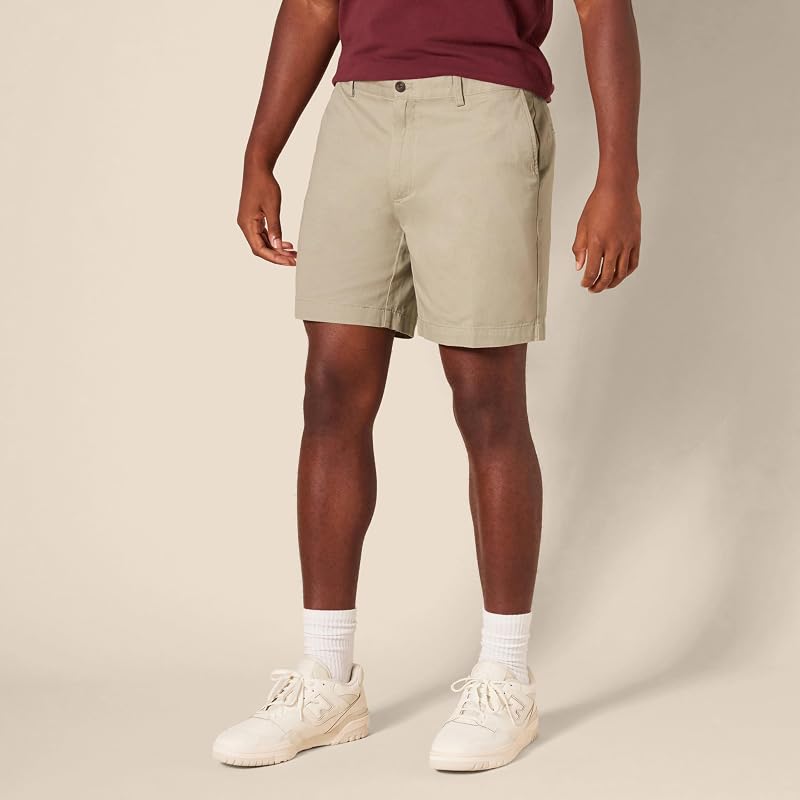 Pantalones Cortos Chinos de Corte Ajustado de 18cm Hombre, Caqui, 33W