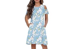 Arshiner Girls Summer Dress Short Sleeve Cold Shoulder Solid Color Swing Casual Dresses with Pockets