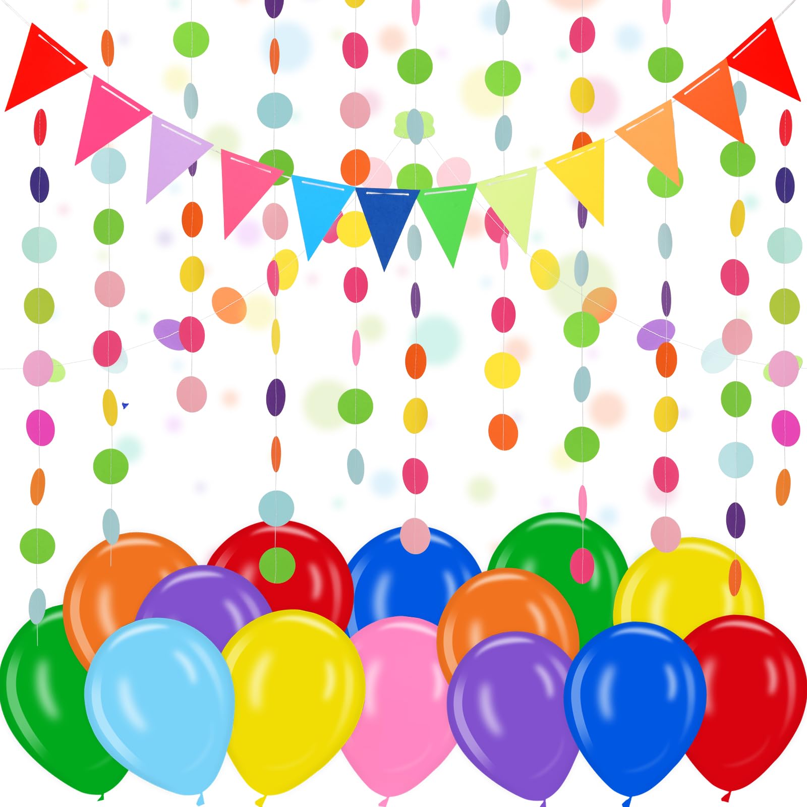 AhfuLife Party Decoration Set, 12 Pcs Colorful Paper Bunting Flag, 132 Pcs Polka Dot String and 16Pcs Multi-color Balloons for Birthday Wedding Garden Indoor Outdoor Party Decorations