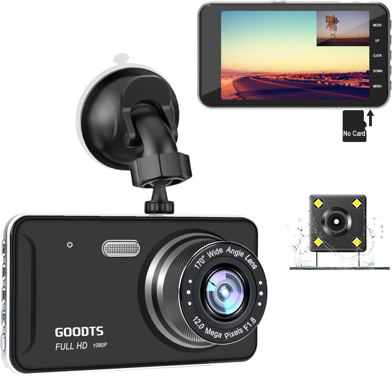 GOODTS Dual Dash Cam Front and Rear 4" IPS Screen FHD 1080P 6G Lens Car Dashboard Camera Recorder with Reversing Assist Night Vision G-Sensor Parking Monitor Motion Detection Loop Recording(No Card)