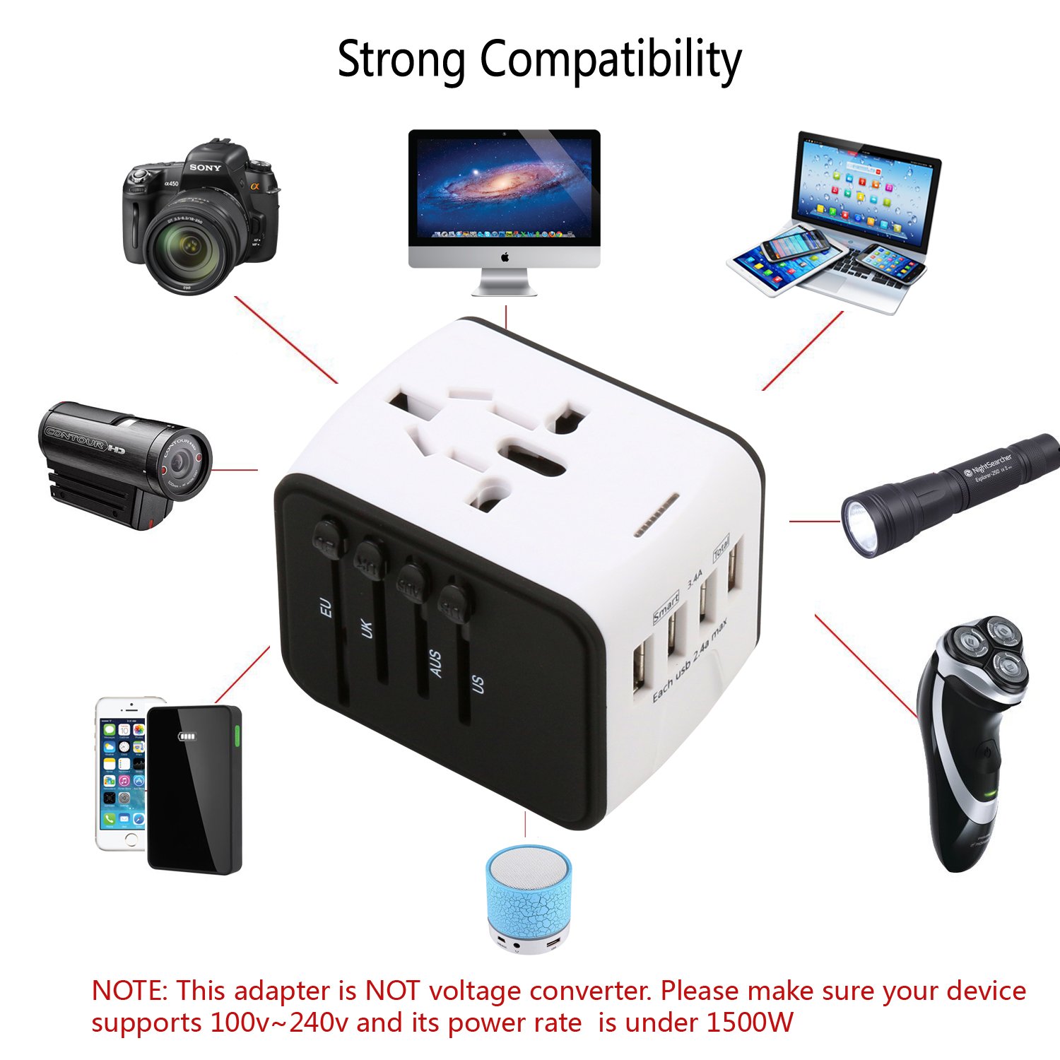 Universal Travel Adapter - 4 USB 3400mA MAX Wolrd Travel Adapter for iPhone iPad Laptop Android Phone Shaver Cameras etc - Plug Adapter Charger for US UK EU AU etc - Covers over 150 Countries (White)