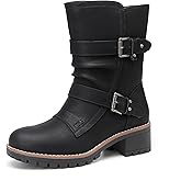 DECARSDZ Women's Motorcycle Boots Mid Calf PU Leather Biker Boots - Stylish Women's Black Brown Riding Boots for Motorcycle, Combat, and Festival