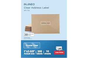 INJINEO 1" x 2-5/8" Crystal Clear Address Labels, Shipping Address Labels for Laser Printers, Mailing Labels Compatible with 5600, 8660, 15600, 18660, Easy to Peel (300 Labels, 10 Sheets)